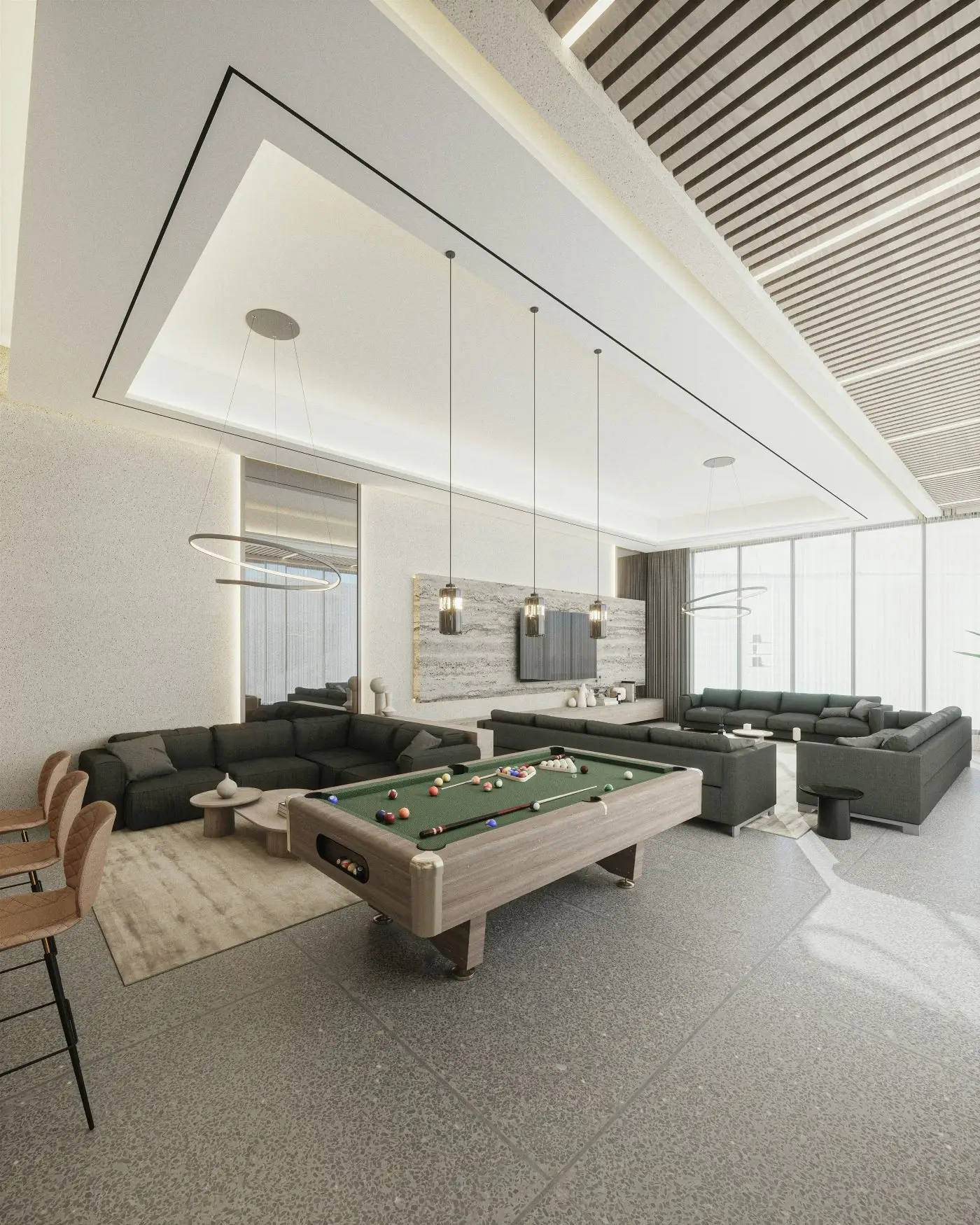 Salon salle à manger avec billard americain.